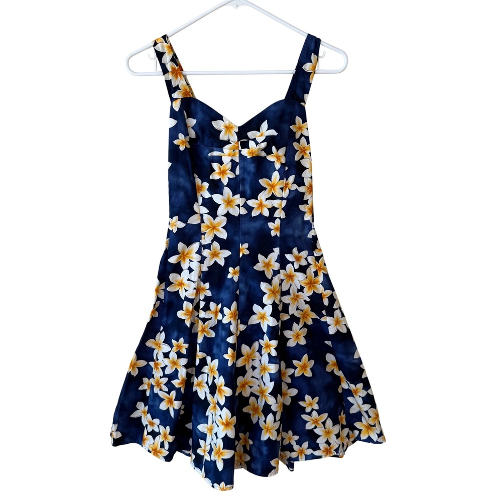 Royal Hawaiian Creations Navy Blue Yellow Plumeria Floral Smocked Mini Dress S